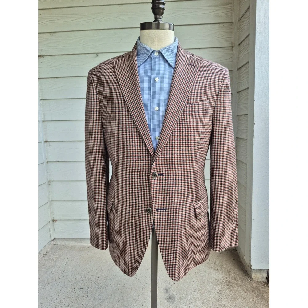 Jos. A. Bank 1905 Sport Coat‎ Mens 42R Wool Houndstooth Blazer Burgundy Tan Navy